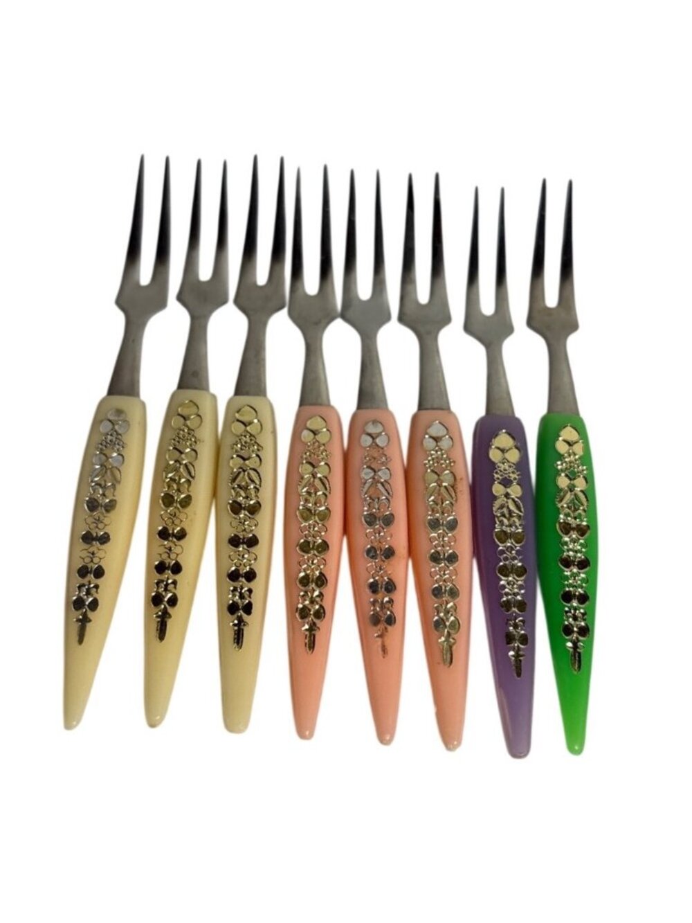 Vintage Little Forks Stainless Japan Cocktail Fork Set of 8 Floral Handles Multi